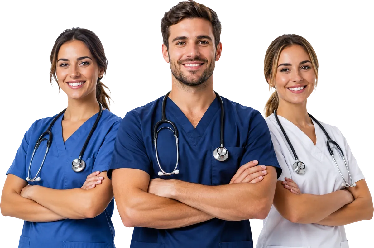 Three smiling US Nursing Review Center nurses in scrubs with stethoscopes